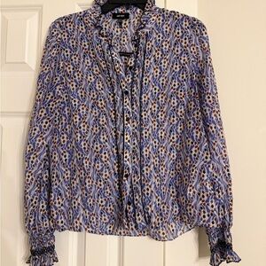 Blue, Purple, and Brown Patterned Women's Button-Up Blouse. Cotton/Silk.